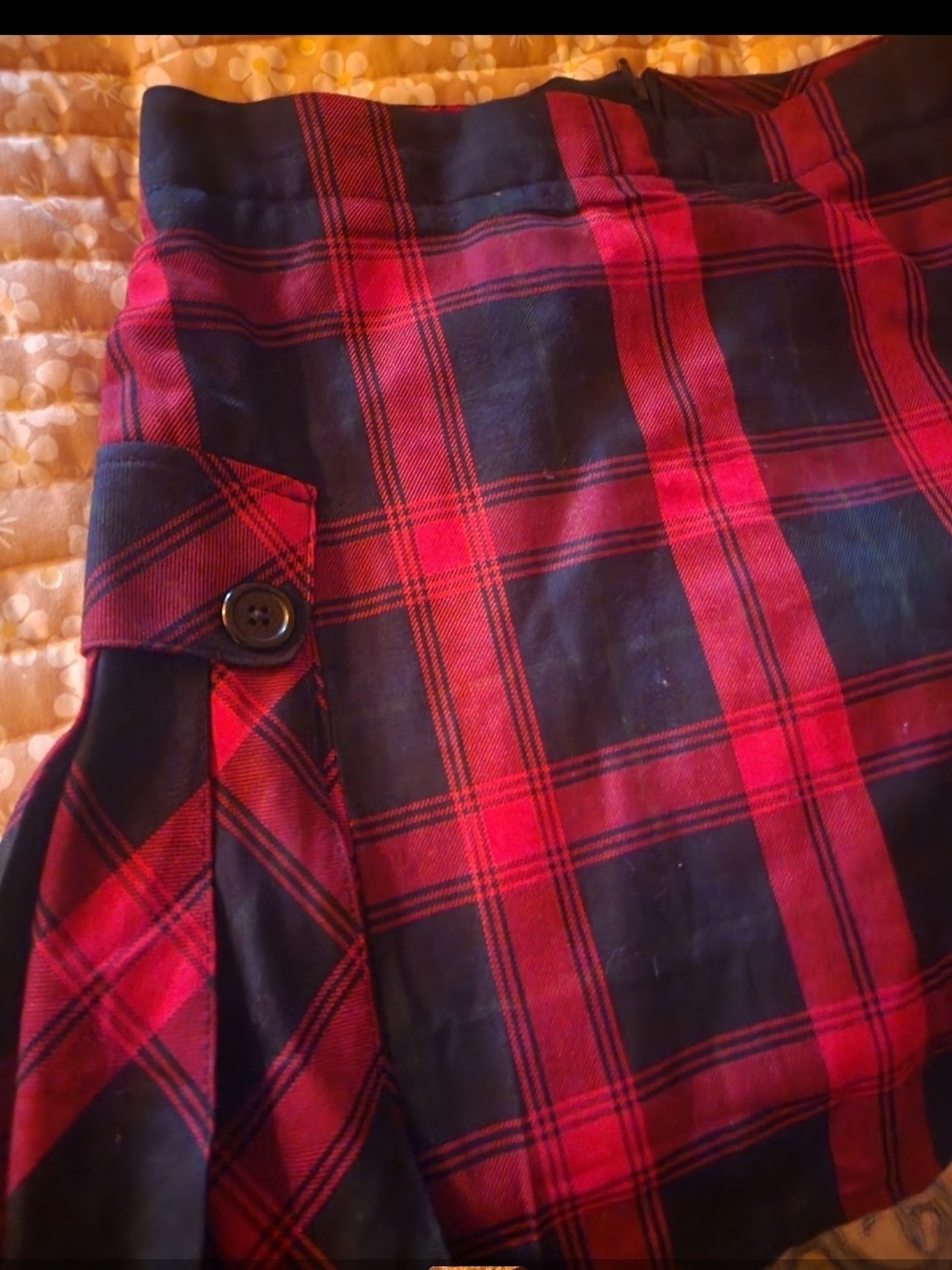 Frenchi Red and Black Plaid Mini Skirt with Button Tab Detail